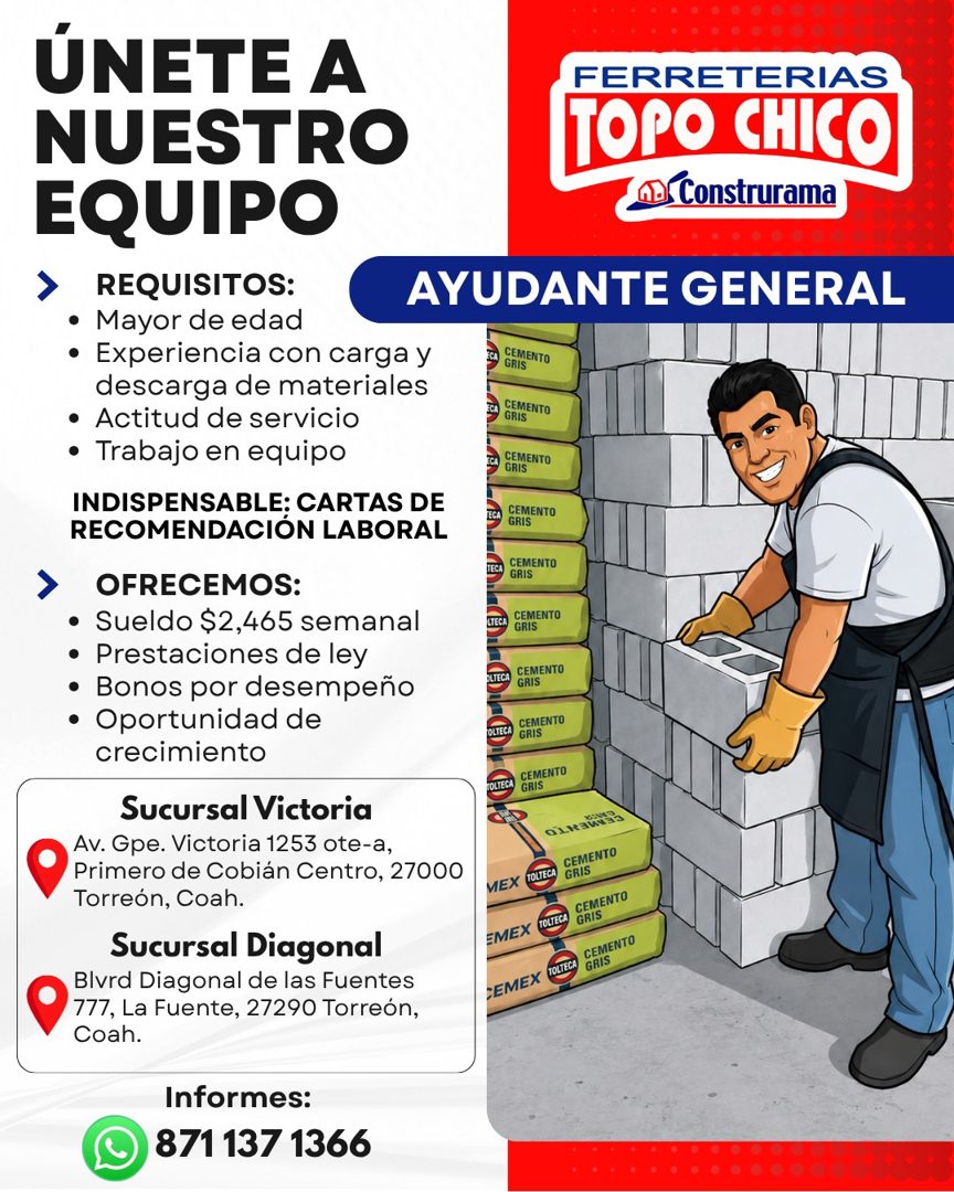 Banner del anuncio de la vacante: ÚNETE A · NUESTRO · EQUIPO · REQUISITOS: · • Mayor de edad · • Experiencia con carga y · descarga de materiales · • Actitud de servicio · • 