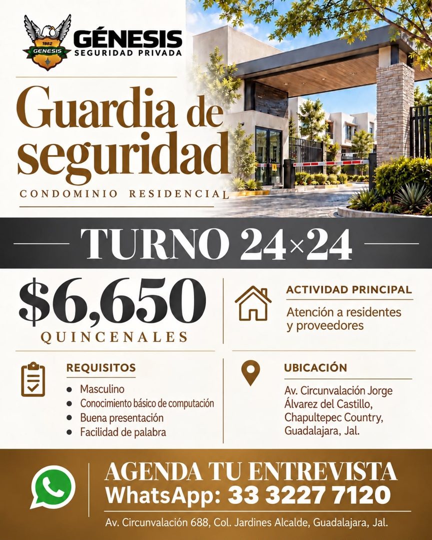 Banner del anuncio de la vacante: GENESIS · GENESIS · SEGURIDAD PRIVADA · Guardia de · seguridad · CONDOMINIO RESIDENCIAL · TURNO 24x24 · $6,650 · QUINCENALES · ACTIVIDAD PRI