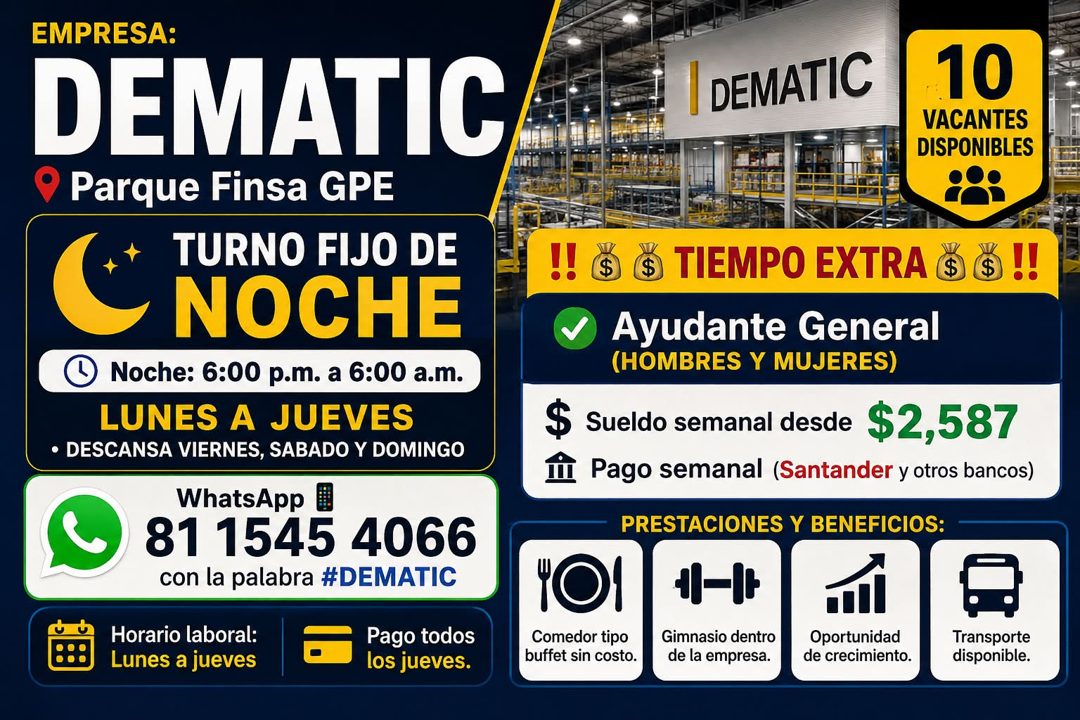 Banner del anuncio de la vacante: EMPRESA: · DEMATIC · © Parque Finsa GPE · TURNO FIJO DE · NOCHE · Noche: 6:00 p.m. a 6:00 a.m. · LUNES A JUEVES · • DESCANSA VIERNES, SABADO