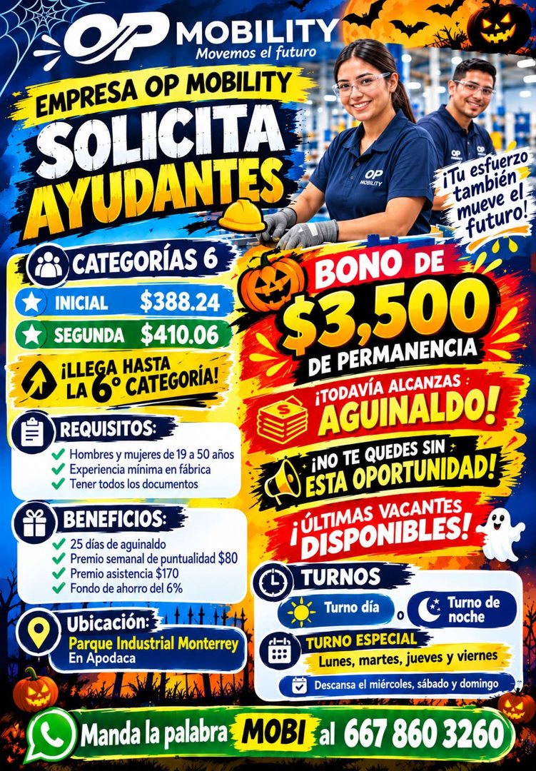 Banner del anuncio de la vacante: OP MORITY · Movemos el futuro · EMPRESA OP MOBILITY · SOLICITA · AYUDANTES · CATEGORÍAS 6 · INICIAL · $388.24 · SEGUNDA · $410.06 · ¡LLEGA H