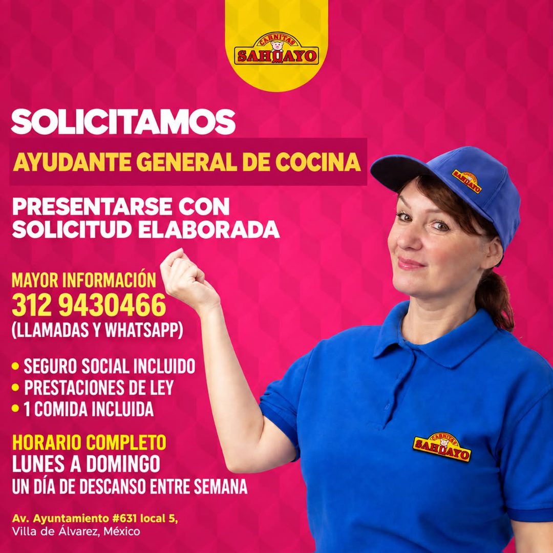 Banner del anuncio de la vacante: SANITAS · SAHUAYO · SOLICITAMOS · AYUDANTE GENERAL DE COCINA · PRESENTARSE CON · SOLICITUD ELABORADA · MAYOR INFORMACIÓN · 312 9430466 · (LL