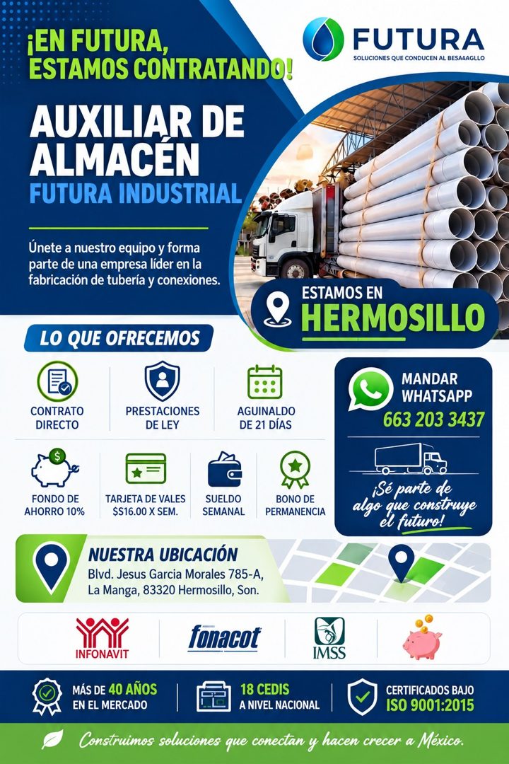 Banner del anuncio de la vacante: ¡EN FUTURA, · ESTAMOS CONTRATANDO! · AUXILIAR DE · ALMACEN · FUTURA INDUSTRIAL · FUTURA · SOLUCIONES QUE CONDUCEN AL BESAAAGLLO · Únete a nu