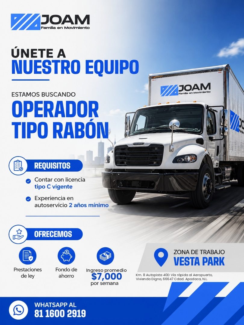 Banner del anuncio de la vacante: //JOAM · Familia en Movimiento · ÚNETE A · NUESTRO EQUIPO · 7//JOAM · Familia en Movimiento · ESTAMOS BUSCANDO · OPERADOR · TIPO RABÓN · REQ