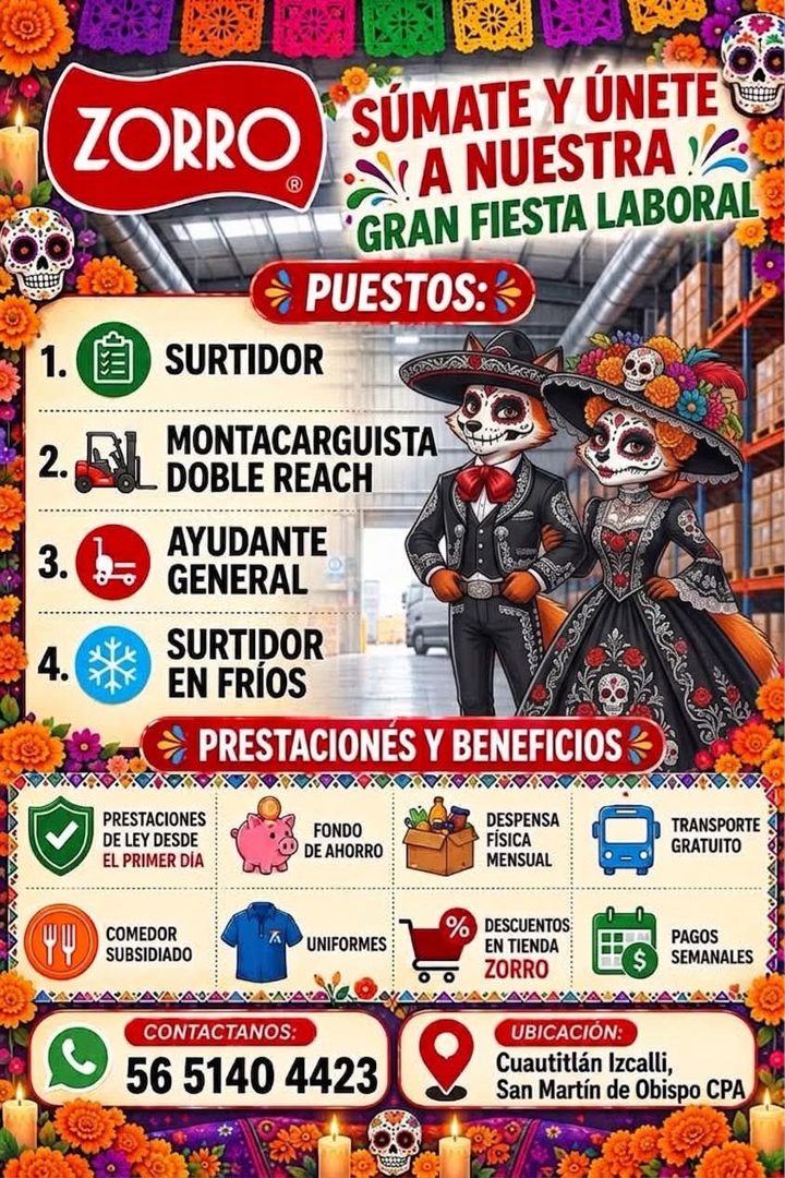 Banner del anuncio de la vacante: ZORRO · SÚMATE Y ÚNETE · ¿VA NUESTRA L · GRAN FIESTA LABORAL · PUESTOS: · SURTIDOR · MONTACARGUISTA · DOBLE REACH · AYUDANTE · GENERAL · SUR