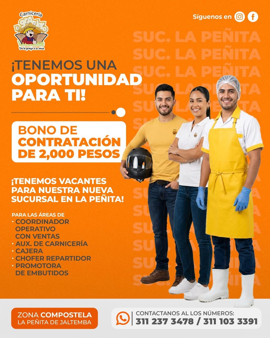 Banner del anuncio de la vacante: Carnicería · Síguenos en · SUC. LA PEÑITA · De la granja a su mesa · SUC. LA PEÑITA · ¡TENEMOS UNA · OPORTUNIDAD · SUC. LA PEÑITA · PARA TI!