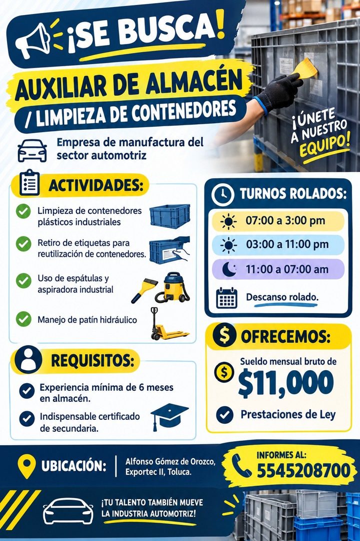 Banner del anuncio de la vacante: A'¡SE BUSCA! · AUXILIAR DE ALMACÉN · / LIMPIEZA DE CONTENEDORES · Empresa de manufactura del · sector automotriz · ACTIVIDADES: · Limpieza d