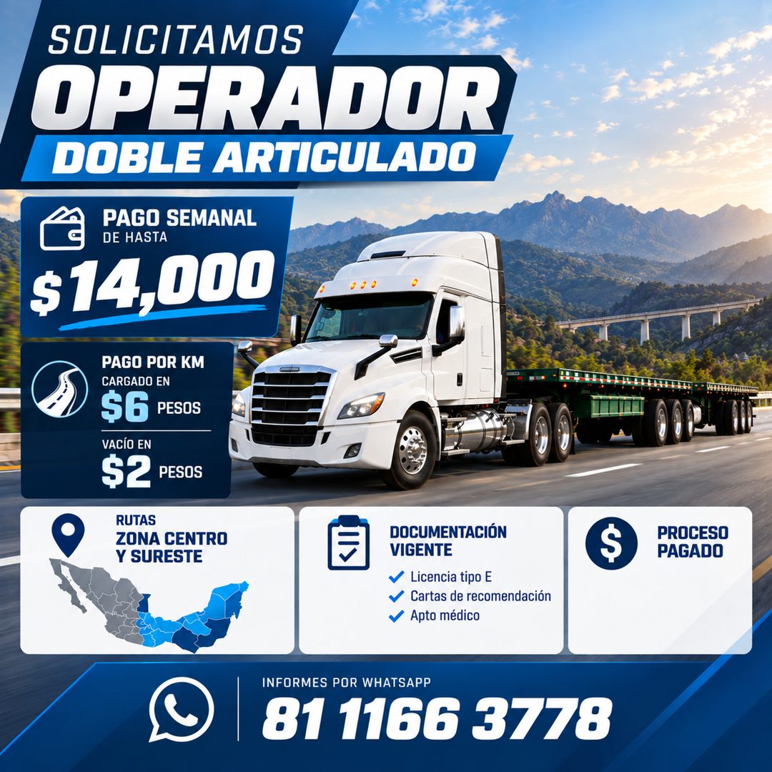 Banner del anuncio de la vacante: SOLICITAMOS · OPERADOR · DOBLE ARTICULADO · PAGO SEMANAL · DE HASTA · $ 14,000 · PAGO POR KM · CARGADO EN · $6 · PESOS · VACIO EN · $2 · •PE