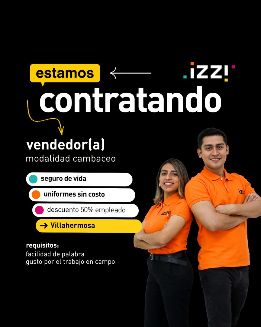 Banner del anuncio de la vacante: estamos · contratando · vendedor(a) · modalidad cambaceo · seguro de vida · uniformes sin costo · descuento 50% empleado · → Villahermosa · 