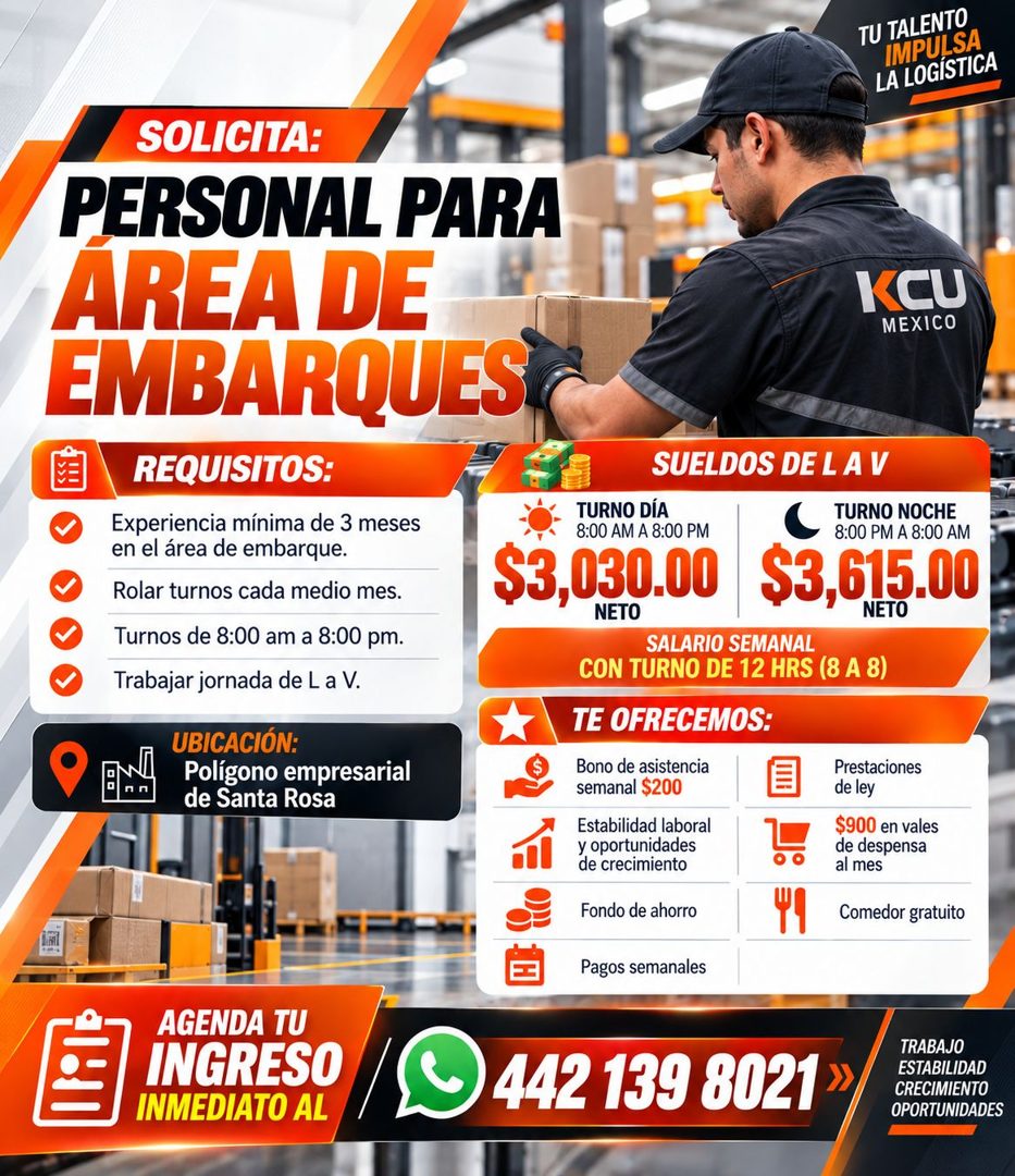 Banner del anuncio de la vacante: TU TALENTO · IMPULSA · LA LOGÍSTICA · SOLICITA: · PERSONAL PARA · AREA DE · EMBARQUES · REQUISITOS: · Experiencia mínima de 3 meses · en el 