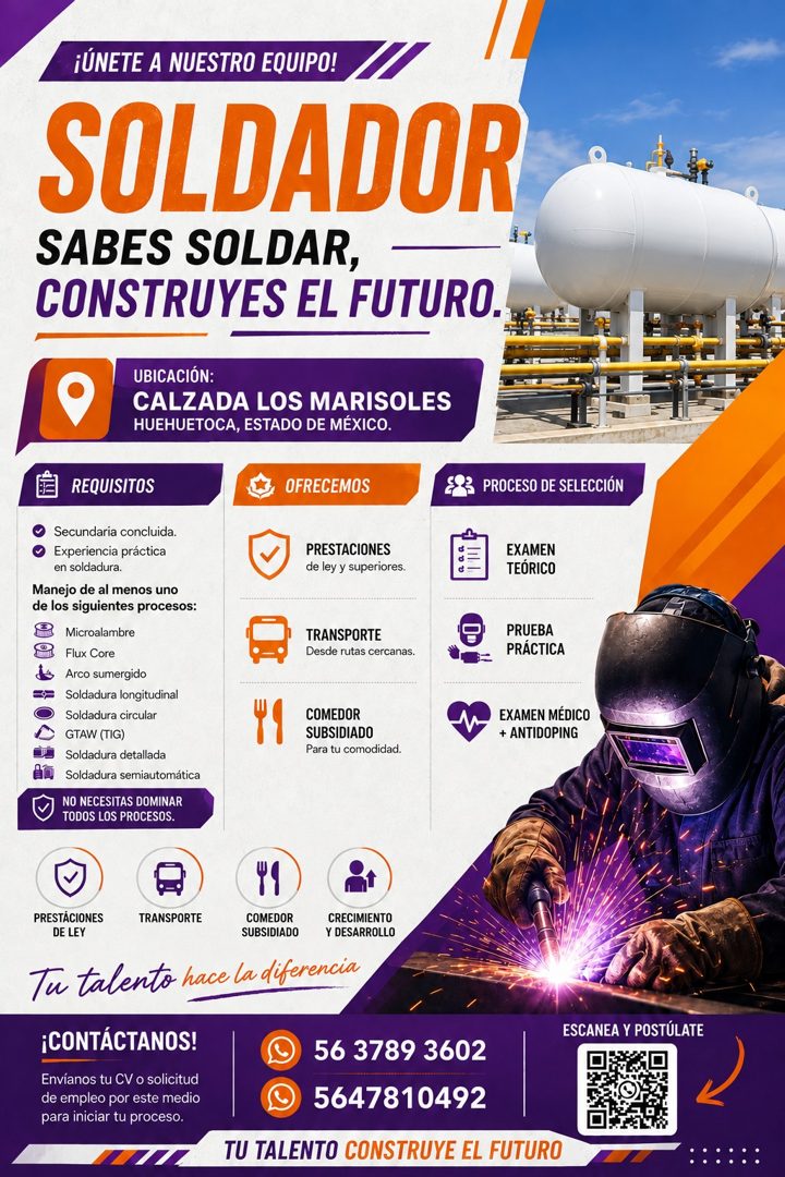 Banner del anuncio de la vacante: ¡ÚNETE A NUESTRO EQUIPO! · SOLDADOR · SABES SOLDAR, - · CONSTRUYES EL FUTURO. · UBICACIÓN: · CALZADA LOS MARISOLES · HUEHUETOCA, ESTADO DE M