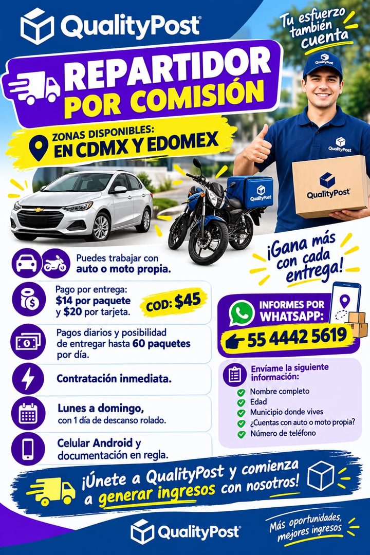 Banner del anuncio de la vacante: 4 · QualityPost® · REPARTIDOR · POR COMISIÓN · ZONAS DISPONIBLES: · EN CDMX Y EDOMEX · Tu esfuerzo · también · cuenta · Quality Post · Quali