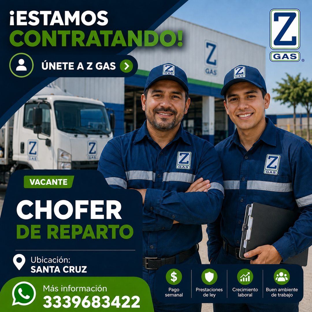 Banner del anuncio de la vacante: ¡ESTAMOS · CONTRATANDO! · ÚNETE A Z GAS · Z · GAS · Z · GAS · Z · CASI · Z · Z · Z · GAS · GAS · VACANTE · CHOFER · DE REPARTO · Ubicación: 