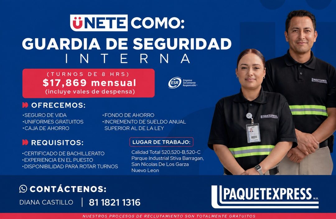 Banner del anuncio de la vacante: UNETE COMO: · GUARDIA DE SEGURIDAD · INTE · ERNA · (TURNOS DE 8 HRS) · $17,869 mensual · (incluye vales de despensa) · Empresa · Soclalmente