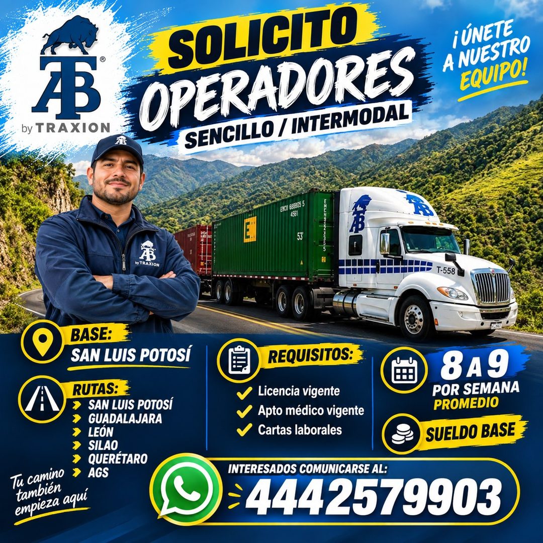 Banner del anuncio de la vacante: by TRAXION · SOLICITO · OPERADORES · SENCILLO / INTERMODAL · ¡ÚNETE · A NUESTRO · EQUIPO! · EXCI 680305 5 · 4551 · 53 · Dy TRAXION · T-558 ·