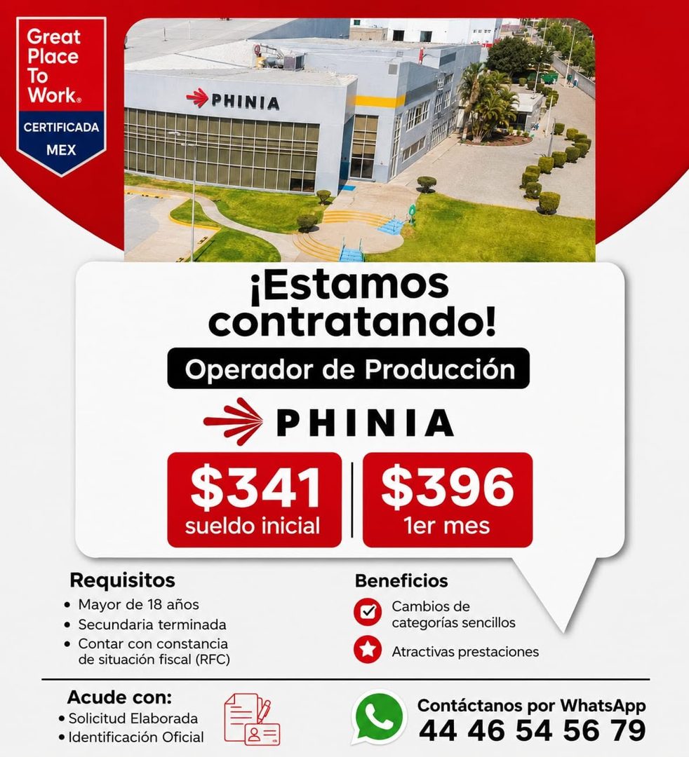 Banner del anuncio de la vacante: Great · Place · To · Work. · CERTIFICADA · MEX · PHINIA · Requisitos · • Mayor de 18 años · • Secundaria terminada · • Contar con constancia
