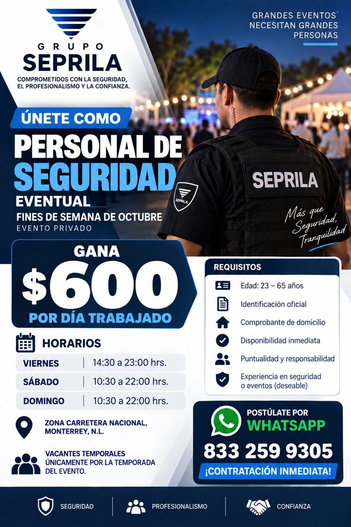 Banner del anuncio de la vacante: GRANDES EVENTOS · NECESITAN GRANDES · PERSONAS · GRUPO · SEPRILA · COMPROMETIDOS CON LA SEGURIDAD, · EL PROFESIONALISMO Y LA CONFIANZA. · ÚN