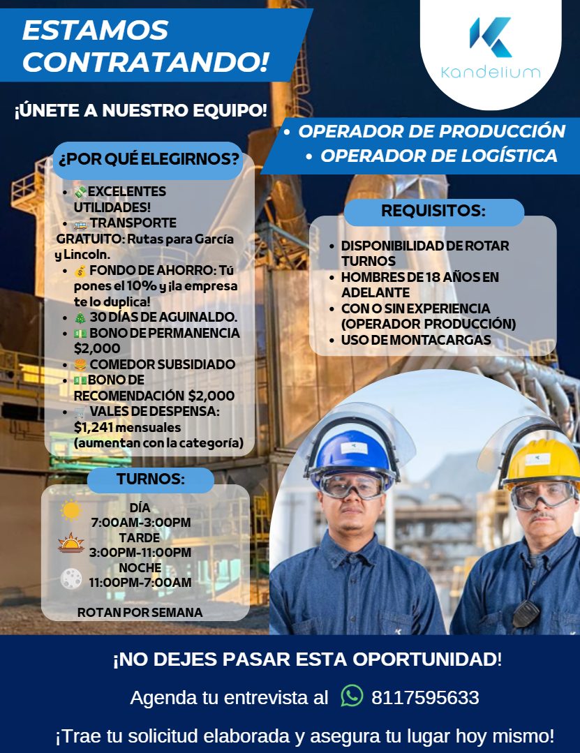 Banner del anuncio de la vacante: ESTAMOS · CONTRATANDO! · ¡ÚNETE A NUESTRO EQUIPO! · ¿POR QUÉ ELEGIRNOS? · • EXCELENTES · UTILIDADES! · • SE TRANSPORTE · GRATUITO: Rutas par