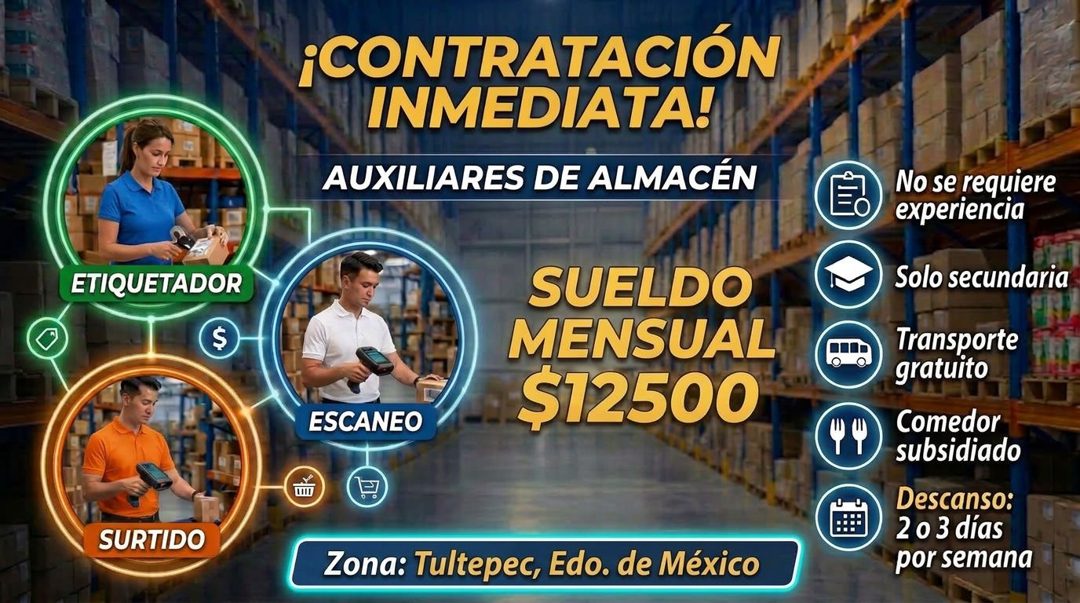 Banner del anuncio de la vacante: ETIQUETADOR · $ · SURTIDO · ¡CONTRATACION · INMEDIATA! · AUXILIARES DE ALMACÉN · ESCANEO · SUELDO · MENSUAL · $12500 · Zona: Tultepec, Edo. 