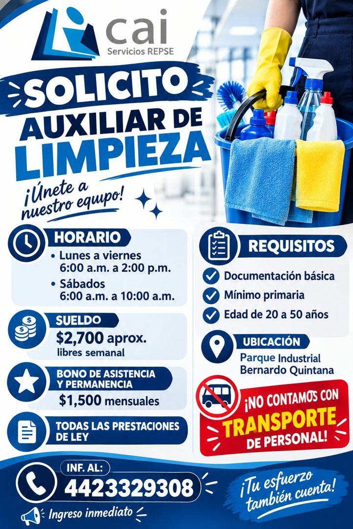 Banner del anuncio de la vacante: cai · Servicios REPSE · -SOLICITO 3 · AUXILIAR DE · LIMPIEZA · ¡Únete a · nuestro equipo! · HORARIO · • Lunes a viernes · 6:00 a.m. a 2:00 p