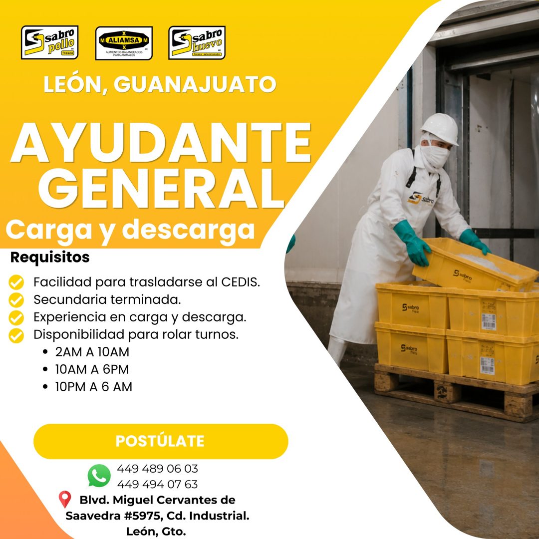 Banner del anuncio de la vacante: sabro · pollo · M ALIAMSA M · ALIMENTOS · CALOSI · sabro · huevo · LEÓN, GUANAJUATO · AYUDANTE · GENERAL · Carga y descarga · Requisitos · F