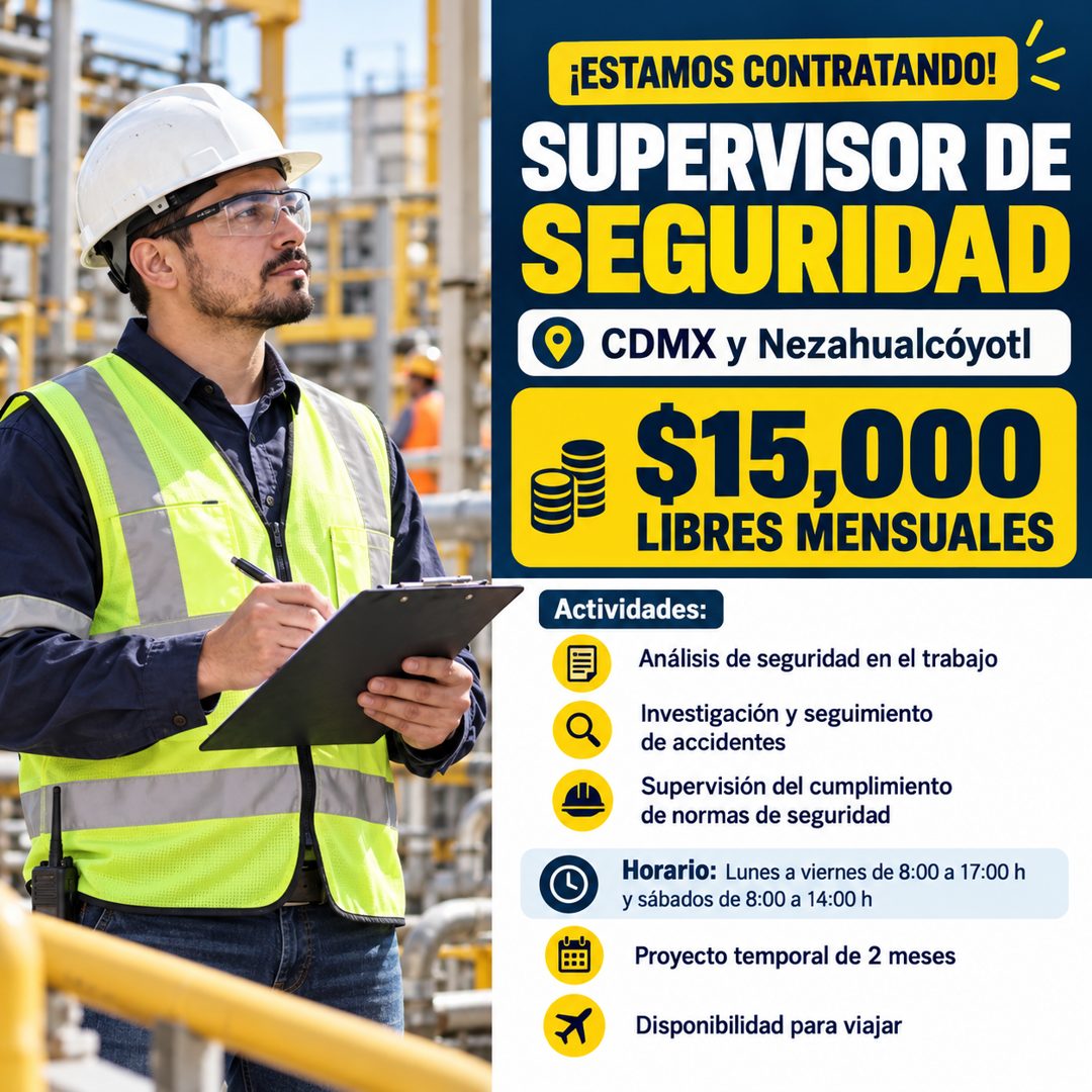 Banner del anuncio de la vacante: ¡ESTAMOS CONTRATANDO! · SUPERVISOR DE · SEGURIDAD · CDMX y Nezahualcóyotl · $15,000 · LIBRES MENSUALES · Actividades: · Análisis de segurida