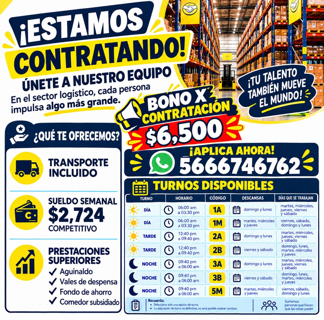Banner del anuncio de la vacante: ¡ESTAMOS · CONTRATANDO! · ÚNETE A NUESTRO EQUIPO · En el sector logistico, cada persona · impulsa algo más grande. · BONO X≥ · ¡TU TALENTO ·