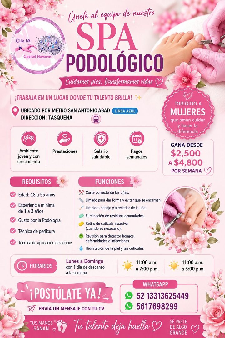 Banner del anuncio de la vacante: Clik IA · Capital Humano · Únete al equipo de nuestro · SPA · PODOLÓGICO · Cuidamos pies, transformamos vidas · ¡TRABAJA EN UN LUGAR DONDE T