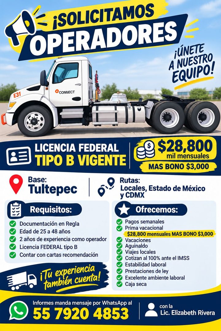 Banner del anuncio de la vacante: •= ¡SOLICITAMOS · OPERADORES · ¡ÚNETE · A NUESTRO · EQUIPO! · E31 · CONNECT · LICENCIA FEDERAL · TIPO B VIGENTE · Base: · Tultepec · Requisi