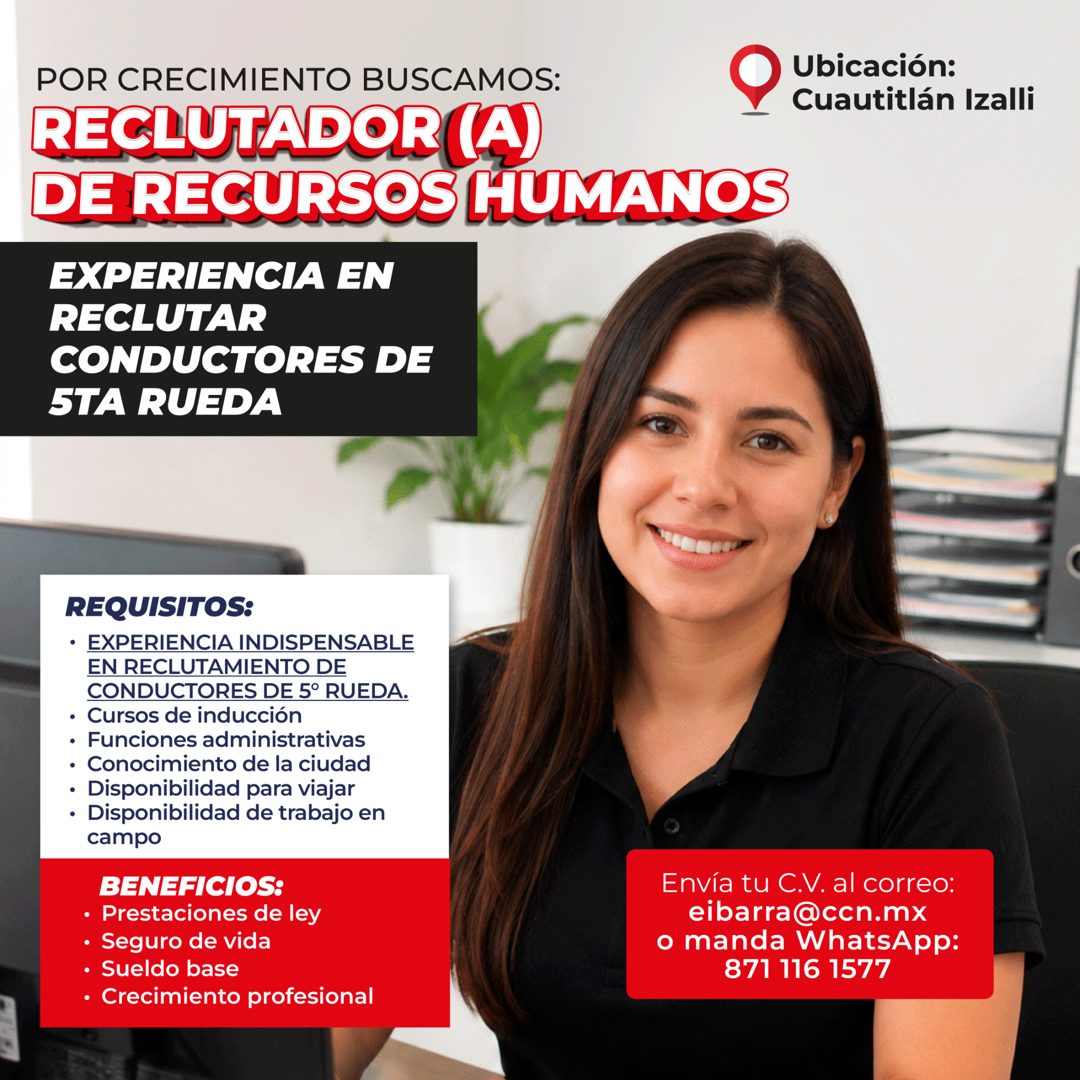 Banner del anuncio de la vacante: POR CRECIMIENTO BUSCAMOS: · RECLUTADOR (A) · DE RECURSOS HUMANOS · EXPERIENCIA EN · RECLUTAR · CONDUCTORES DE · 5TA RUEDA · Ubicación: · Cua