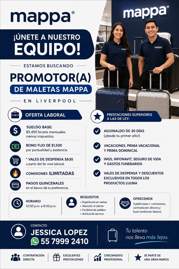 Banner del anuncio de la vacante: mappa® · ¡ÚNETE A NUESTRO · EQUIPO! · ESTAMOS BUSCANDO · PROMOTORIA) · DE MALETAS MAPPA · - EN LIVERPOOL · mappa® · mapp: · mappa · $ · OFER