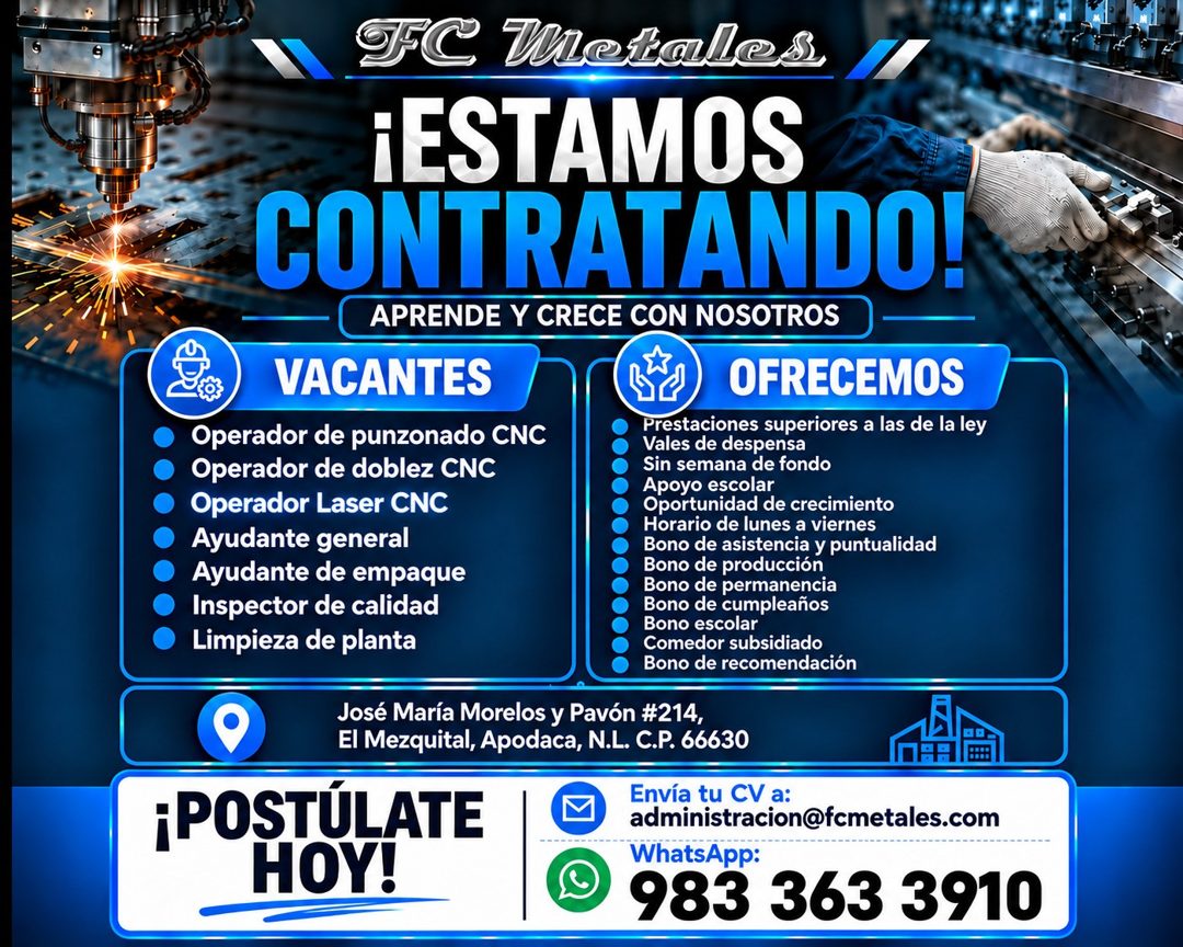 Banner del anuncio de la vacante: FC Metale · ¡ESTAMOS · CONTRATANDO! · APRENDE Y CRECE CON NOSOTROS · VACANTES · Operador de punzonado CNC · Operador de doblez CNC · Operado