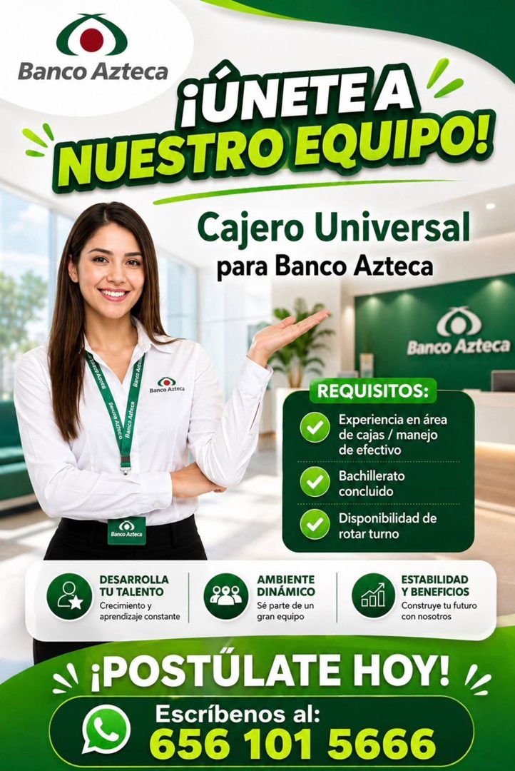 Banner del anuncio de la vacante: Banco Azteca · FÚNETEA · NUESTRO EQUIPO! · Cajero Universal · para Banco Azteca · Banco Azteca · A0UD ASCEB · Banco Azteca · Banico Arhece ·