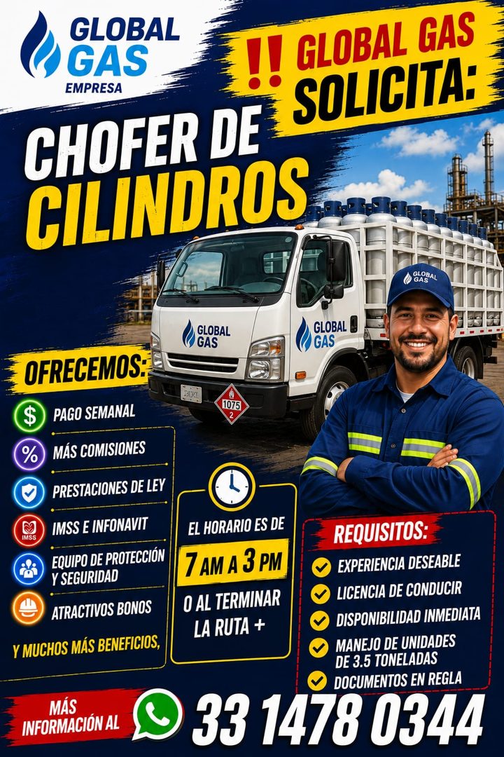 Banner del anuncio de la vacante: GLOBAL · GAS · EMPRESA · !! GLOBAL GAS · CHOFER DE SOLICITA: · CILINDROS · GLOBAL · AGAS · GLOBAL · GAS · GLOBAL J · GAS · E OFRECEMOS: · $ 