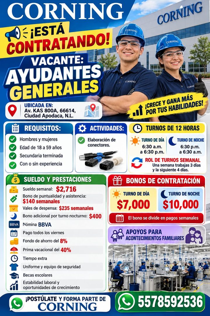 Banner del anuncio de la vacante: CORNING · ¡ESTÁ · CONTRATANDO! · VACANTE: · AYUDANTES · GENERALES · UBICADA EN: · Av. KAS 800A, 66614, · Ciudad Apodaca, N.L. · REQUISITOS: 