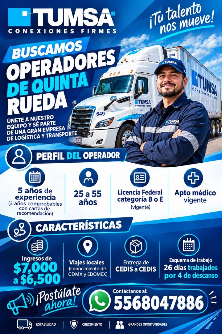 Banner del anuncio de la vacante: "TUMSA · CONEXIONES FIRMES · BUSCAMOS · OPERADORES · DE QUINTA · RUEDA · ÚNETE A NUESTRO · 649 · EQUIPO Y SÉ PARTE · DE UNA GRAN EMPRESA · D