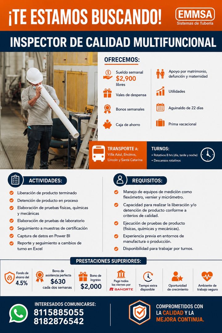 Banner del anuncio de la vacante: ¡TE ESTAMOS BUSCANDO! · EMMSA · Sistemas de Tubería · INSPECTOR DE CALIDAD MULTIFUNCIONAL · OFRECEMOS: · Sueldo semanal · $2,900 · libres · 