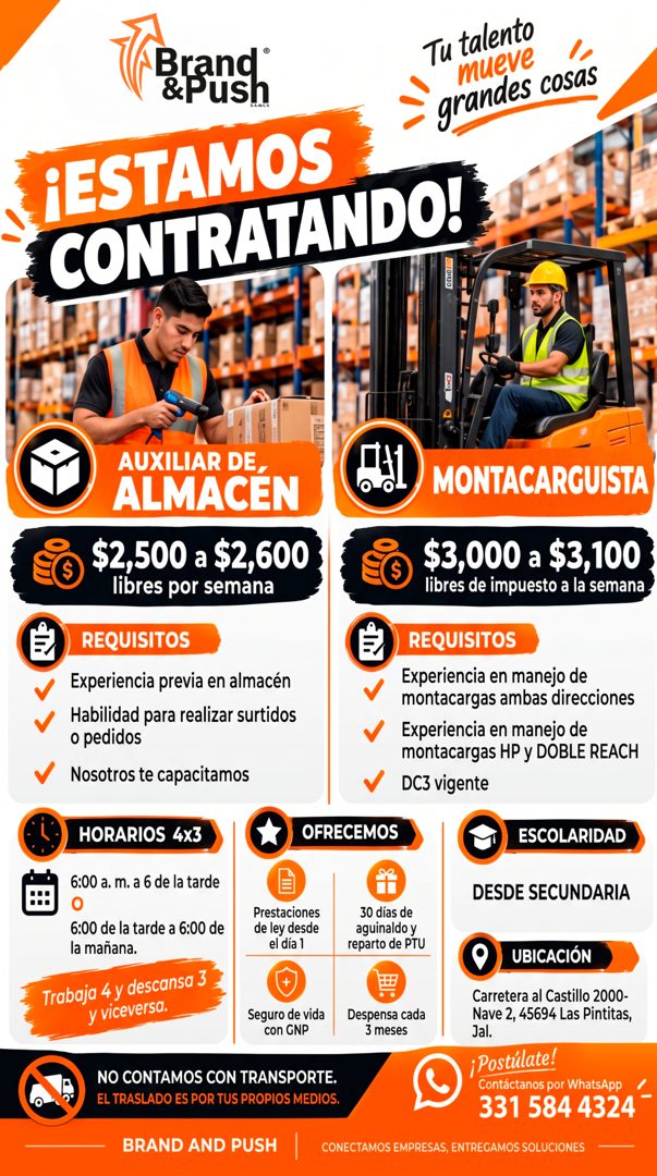 Banner del anuncio de la vacante: Brand® · &Push · ¡ESTAMOS · CONTRATANDO! · Tu talento · mueve · grandes cosas · AUXILIAR DE, · ALMACEN · MONTACARGUISTA · $2,500 a $2,600 · 