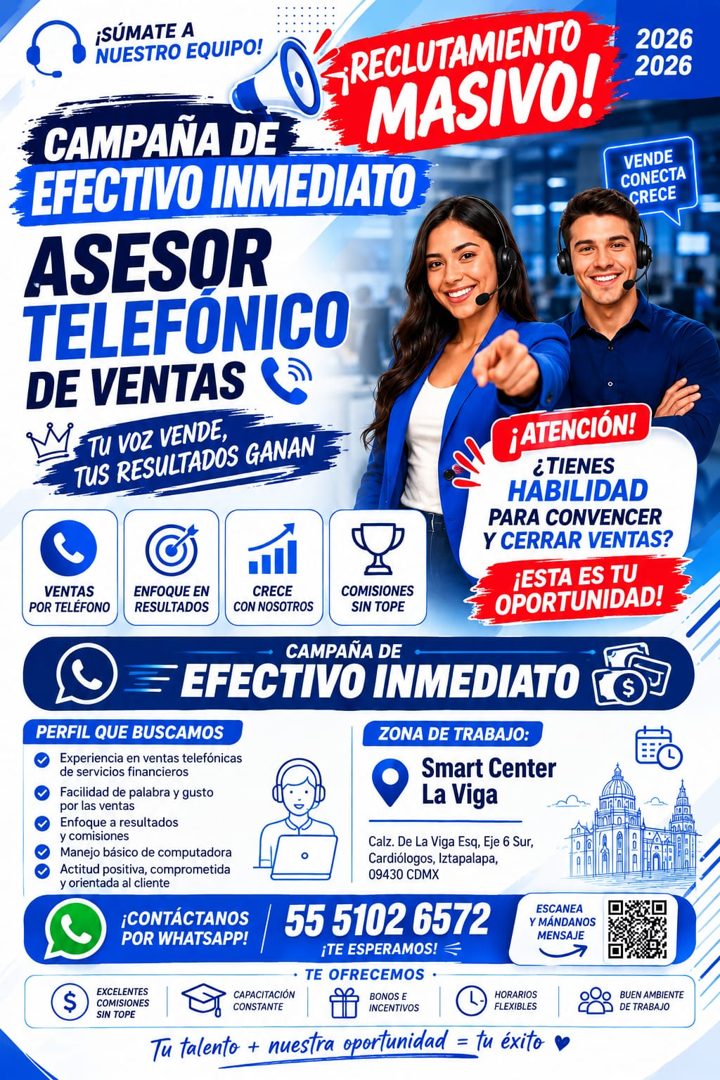 Banner del anuncio de la vacante: ¡SÚMATE A · NUESTRO EQUIPO! · ;RECLUTAMIENTO · CAMPAÑA DE · MASIVO! · EFECTIVO INMEDIATO · ASESOR · TELEFONICO · DE VENTAS (a) · -TU VOZ VEN