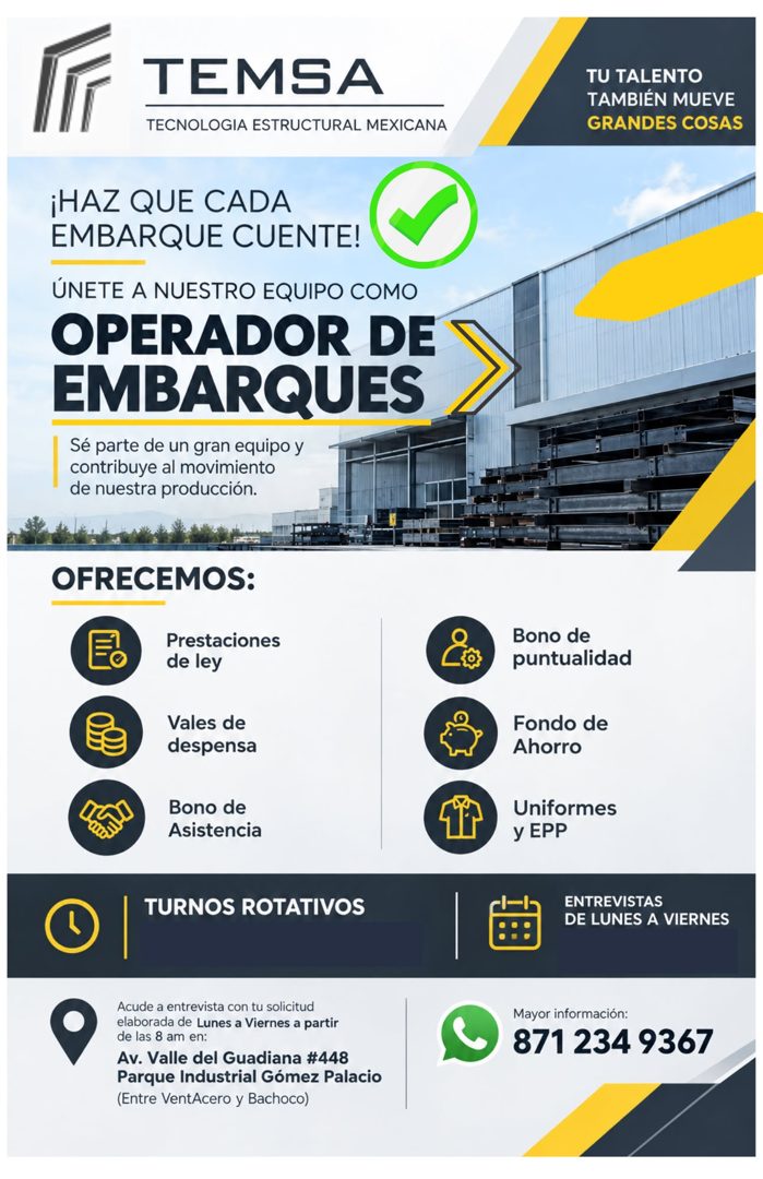 Banner del anuncio de la vacante: TEMSA · TECNOLOGIA ESTRUCTURAL MEXICANA · ¡HAZ QUE CADA · EMBARQUE CUENTE! · ÚNETE A NUESTRO EQUIPO COMO · OPERADOR DE · EMBARQUES · Sé part