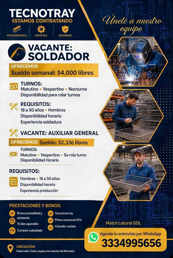 Banner del anuncio de la vacante: TECNOTRAY · ESTAMOS CONTRATANDO · 3D Б · Unete a nuestro · equipo · METALMECÁNICA · INDUSTRIA · SEGURIDAD · VACANTE: · SOLDADOR · OFRECEMOS 