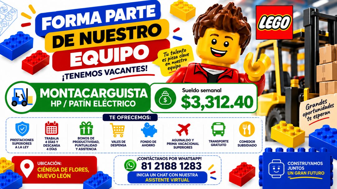 Banner del anuncio de la vacante: FORMA PARTE · DE NUESTRO · EQUIPO · ¡TENEMOS VACANTES! · MONTACARGUISTA · HP / PATÍN ELÉCTRICO · Tu talento · es pieza clave · en nuestro · 