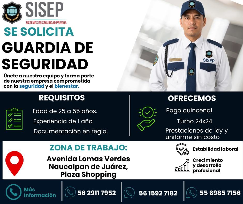 Banner del anuncio de la vacante: SISEP · SISTEMAS EN SEGURIDAD PRIVADA · SE SOLICITA · GUARDIA DE · SEGURIDAD · Únete a nuestro equipo y forma parte · de nuestra empresa com