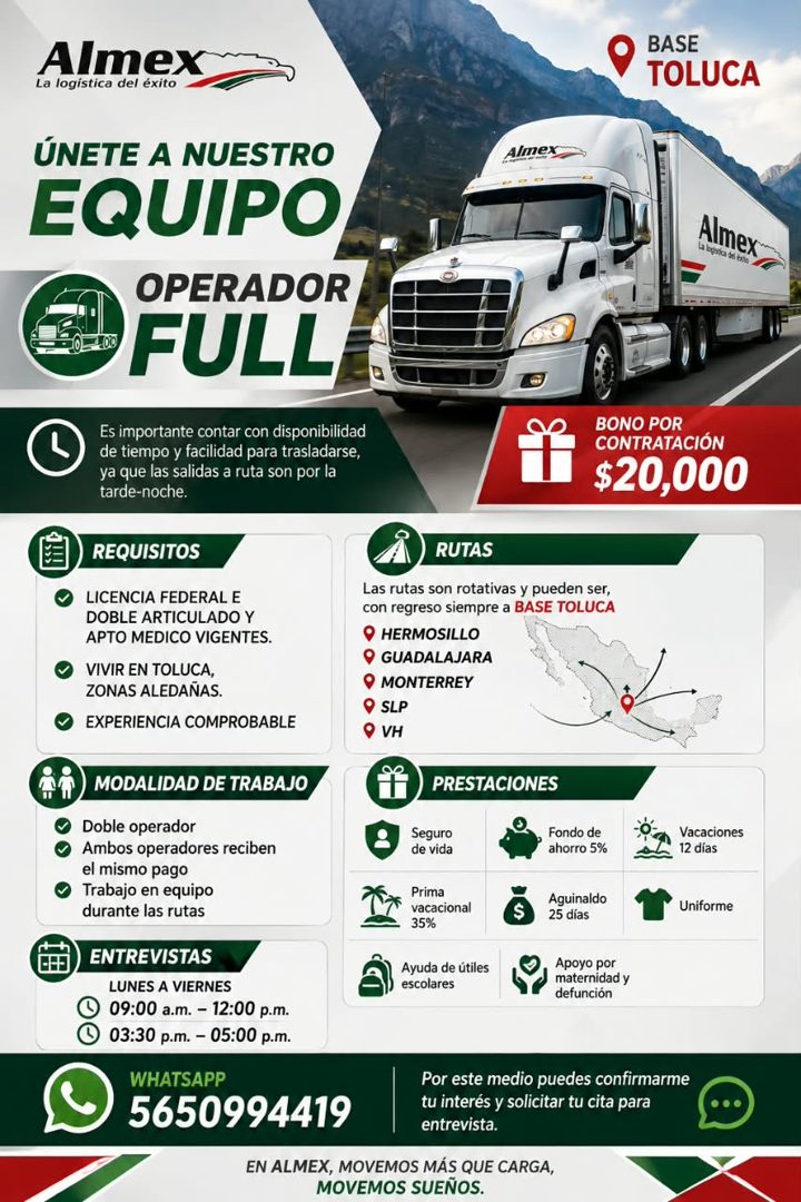 Banner del anuncio de la vacante: Almex · La logistica del éxito · ÚNETE A NUESTRO · EQUIPO · OPERADOR · FULL · BASE · TOLUCA · Almex · La logosica del boe · Almex · Es impor