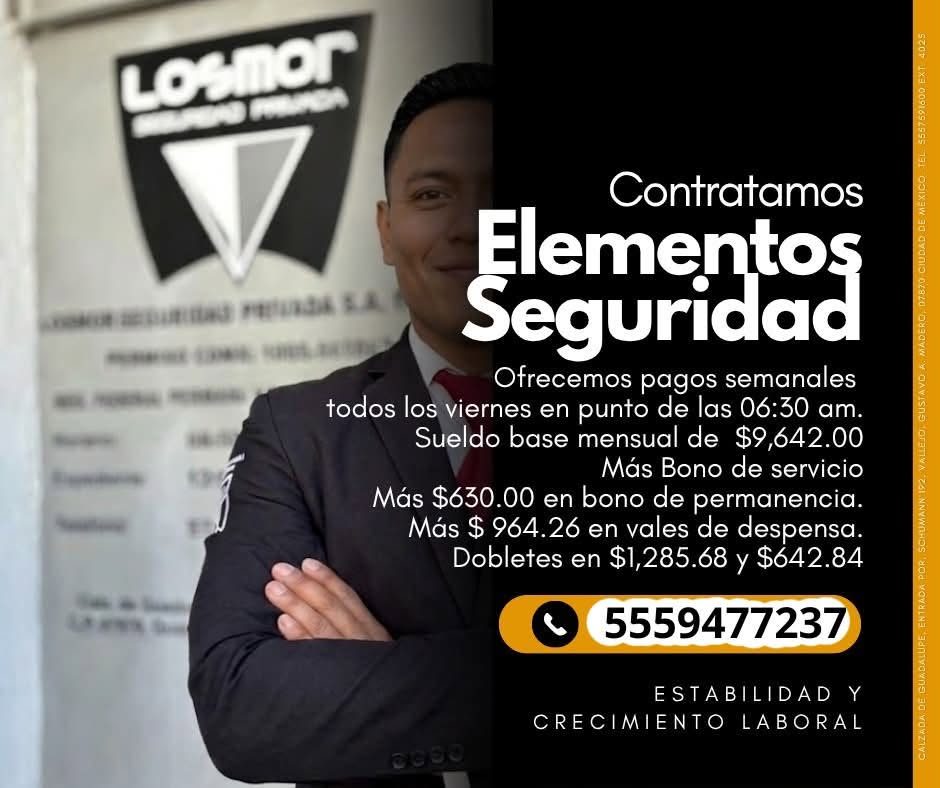 Banner del anuncio de la vacante: Losnor · Contratamos · Elementos · Seguridad · Ofrecemos pagos semanales · todos los viernes en punto de las 06:30 am. · Sueldo base mensual