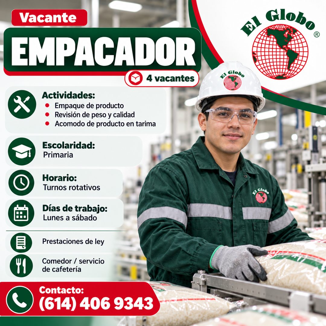 Banner del anuncio de la vacante: Vacante · EMPACADOR · 4 vacantes · Actividades: · Empaque de producto · Revisión de peso y calidad · Acomodo de producto en tarima · Escolar