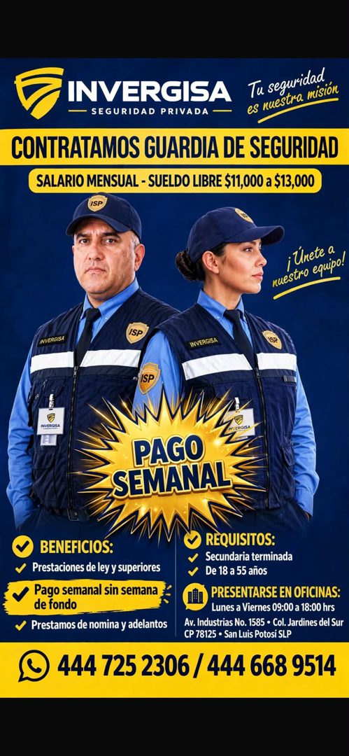 Banner del anuncio de la vacante: INVERGISA · — SEGURIDAD PRIVADA - · Tu seguridad · es nuestra misión · CONTRATAMOS GUARDIA DE SEGURIDAD · SALARIO MENSUAL - SUELDO LIBRE $11