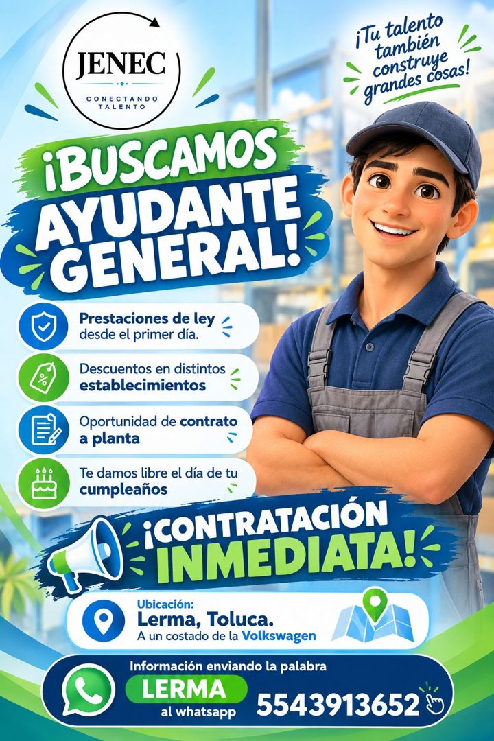 Banner del anuncio de la vacante: ¡Tu talento · también · construye · grandes cosas! · JENEC · CONECTANDO · TALENTO · ¡BUSCAMOS · AYUDANTE · GENERAL!- · Prestaciones de ley ·