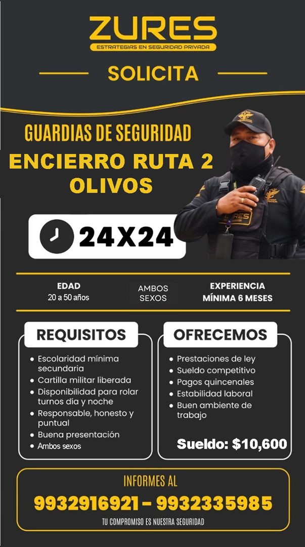 Banner del anuncio de la vacante: ZURES · ESTRATEGIAS EN SEGURIDAD PRIVADA · SOLICITA · GUARDIAS DE SEGURIDAD · ENCIERRO RUTA 2 · OLIVOS · RES · 24X24 · EDAD · 20 a 50 años ·
