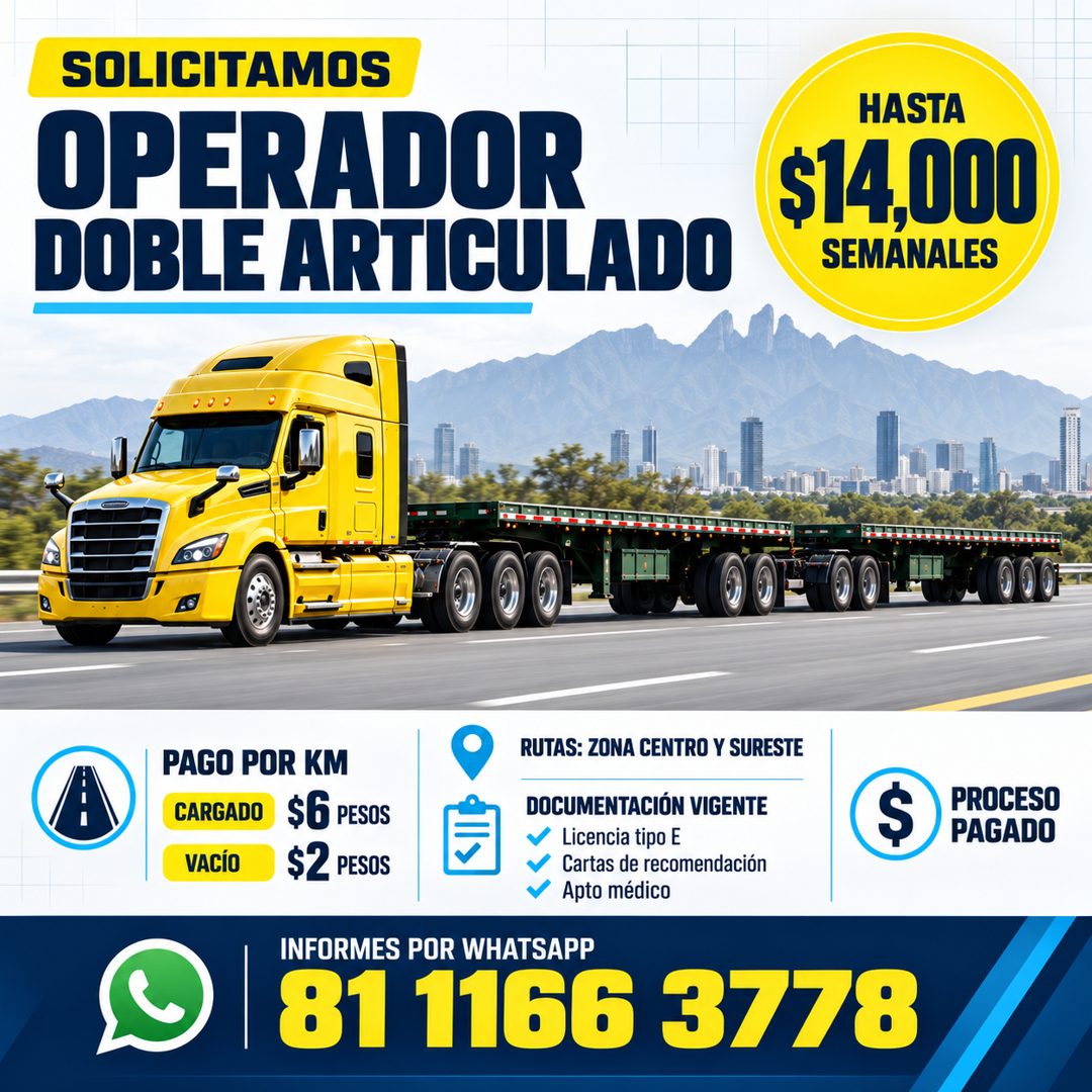 Banner del anuncio de la vacante: SOLICITAMOS · OPERADOR · DOBLE ARTICULADO · HASTA · $14,000 · SEMANALES · 00 0 · RUTAS: ZONA CENTRO Y SURESTE · PAGO POR KM · CARGADO · $6 P