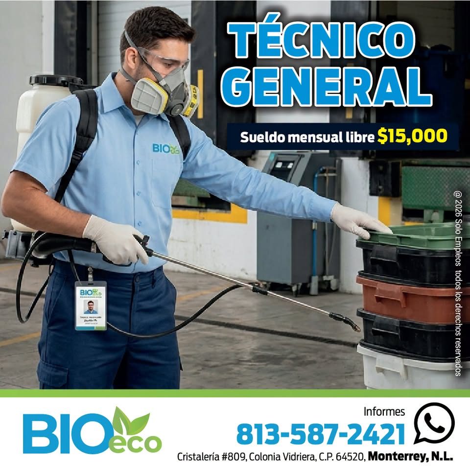 Banner del anuncio de la vacante: TÉCNICO · GENERAL · Sueldo mensual libre $15,000 · BIO% · BIORO · @ 2026 Solo Empleos · todos · los · derechos reservados · BlO co · Informe